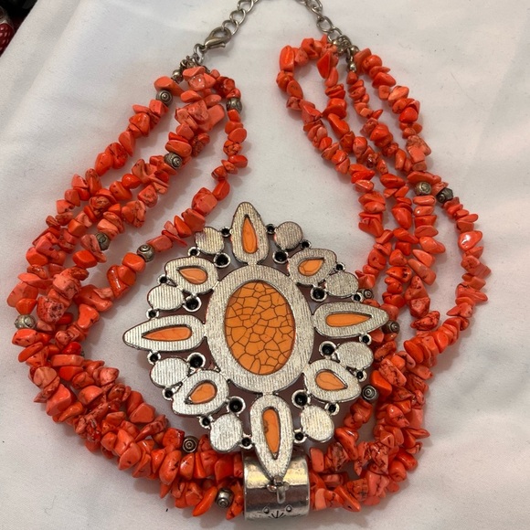 Rustic Couture Orange Boho Pendant Gemstone Necklace - Picture 2 of 3